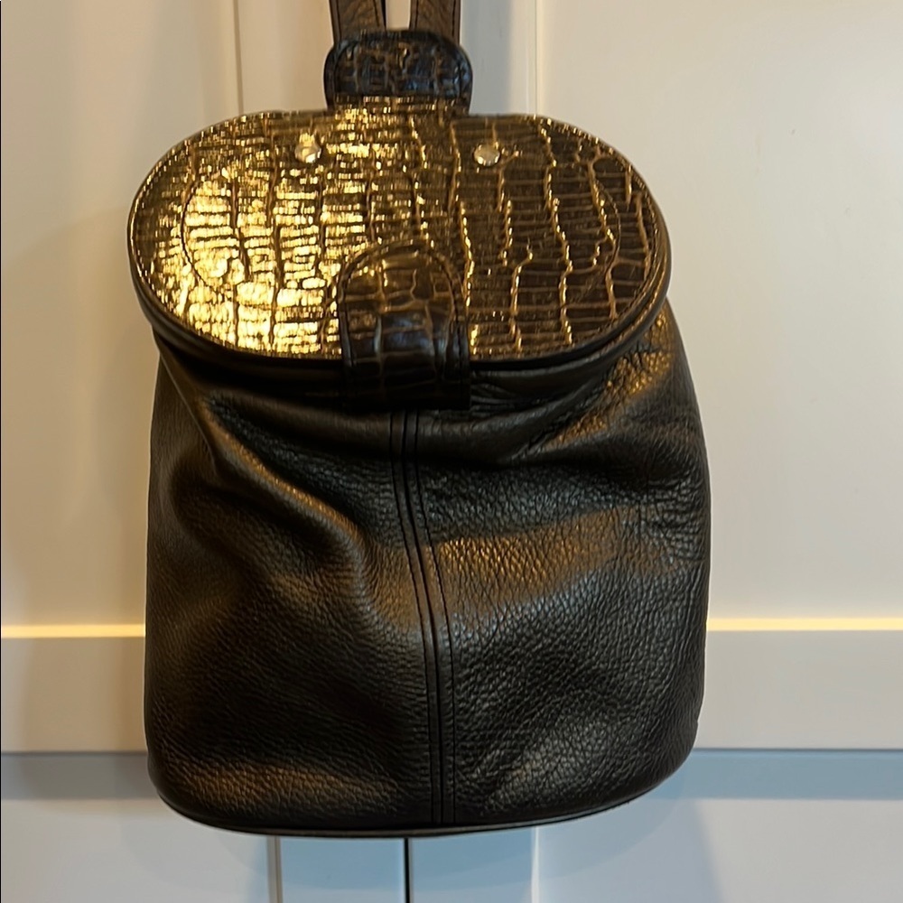 Vintage Maxx New York Gold Brown Leather Backpack with Alligator top. Snazzy!